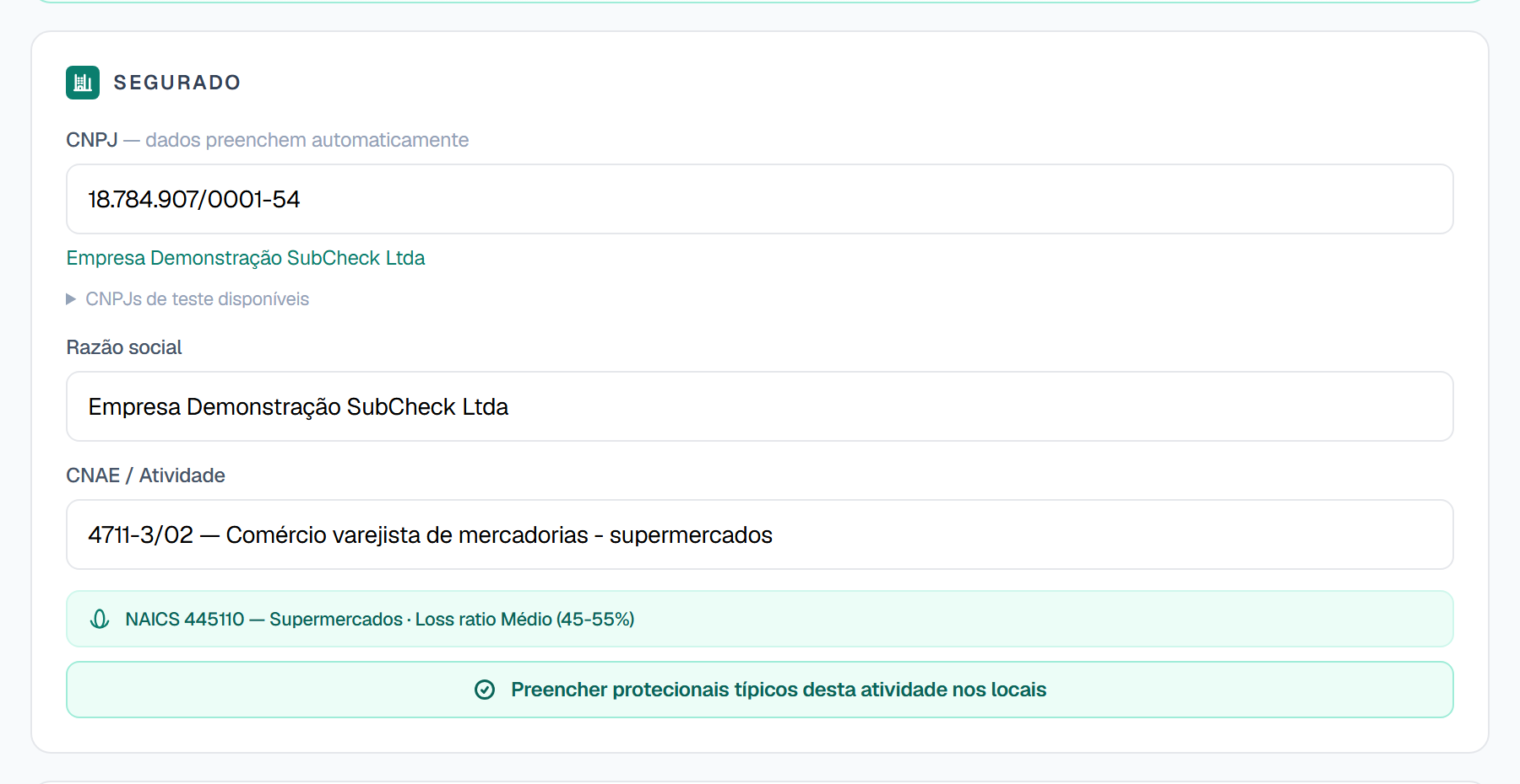 Tela do SubCheck: CNPJ preenchido automaticamente, razão social, CNAE e classificação NAICS com loss ratio.