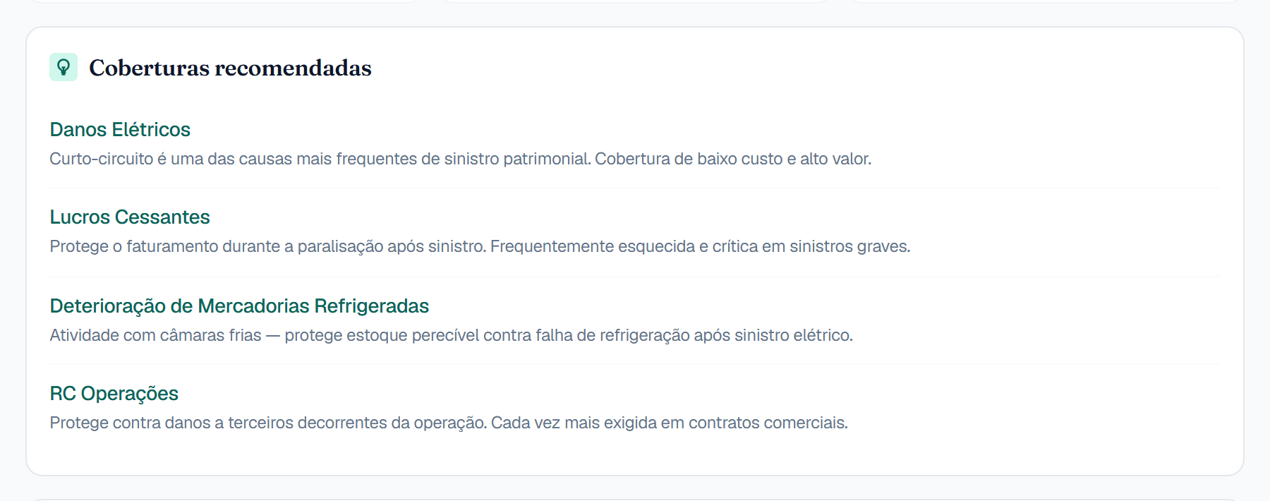 Tela do SubCheck: coberturas recomendadas com justificativa técnica para cada uma.